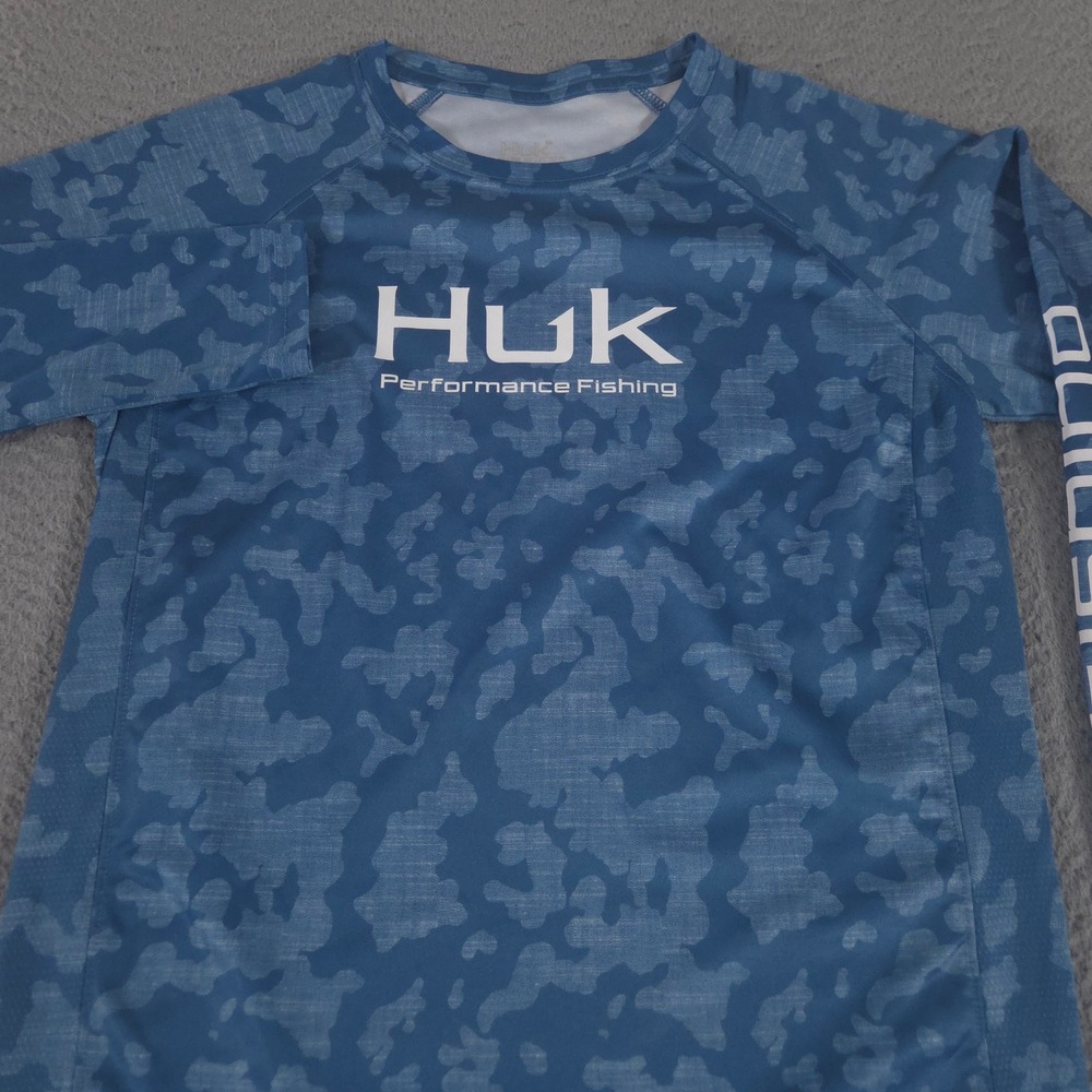Huk Shirt Kids Large Blue Camo Performance Fishing Long Sleeve Sun Tee Nautical